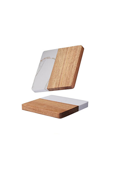 SanDonna Set of 2 square white glass coasters, made of marble and wood