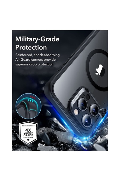 ESR Armor Tough Case, compatible with Apple iPhone 16 Pro, Stash stand 360 + lens, clear black