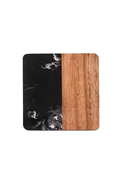 SanDonna Set of 2 square black glass coasters, made of marble and wood