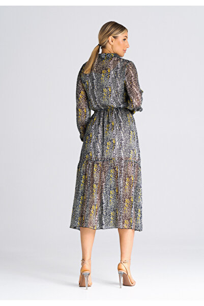 Figl Floral Printed flared dress - Grey dress with collar M942 size L/XL