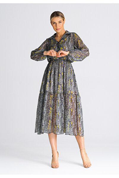 Figl Floral Printed flared dress - Grey dress with collar M942 size L/XL