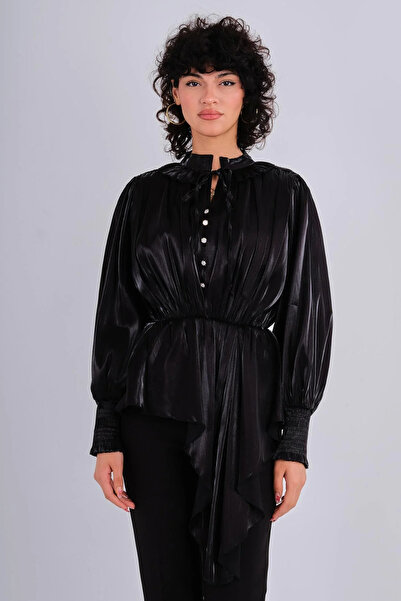 Lila Rose Beli Büzgülü Düğmeli Organze Bluz