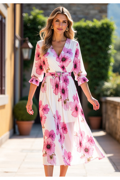 Figl Long pleated dress - Floral dress for a wedding - White dress M1137 size L/XL