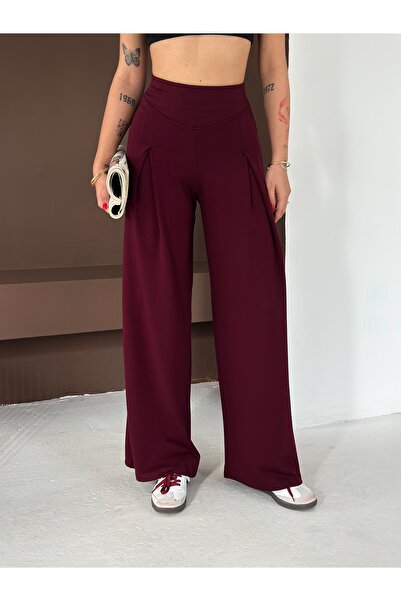 winmoda Soft Textured Front Plied Pants - Modal Fabric Wide Pants with Front Plied