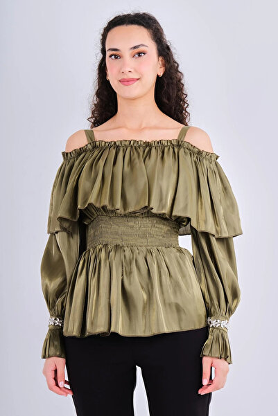 Lila Rose Beli Gipeli Saten Organze Bluz