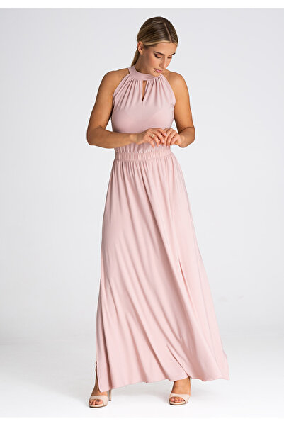 Figl Rochie lungă de seară - Rochie elegantă cu guler înalt, roz M945, mărimea XS