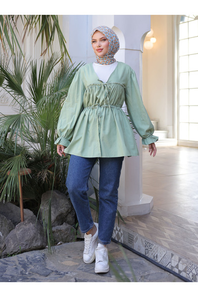 Nergis Neva Butik Belted Drawstring Kimono Tunic - Green - Nergis Neva