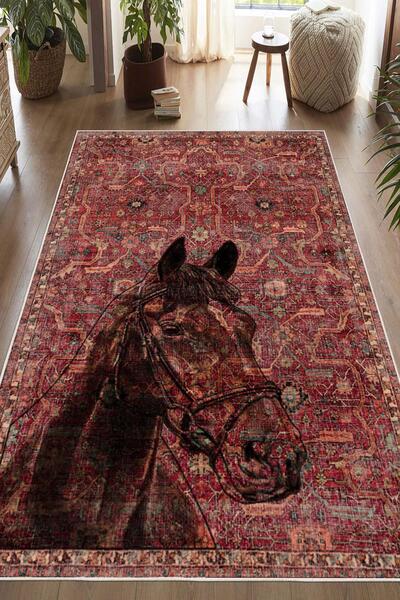 Pelura Halı Kilim Desenli At Figurlu Yıkanabilir Kaymaz Taban Bordo Halı