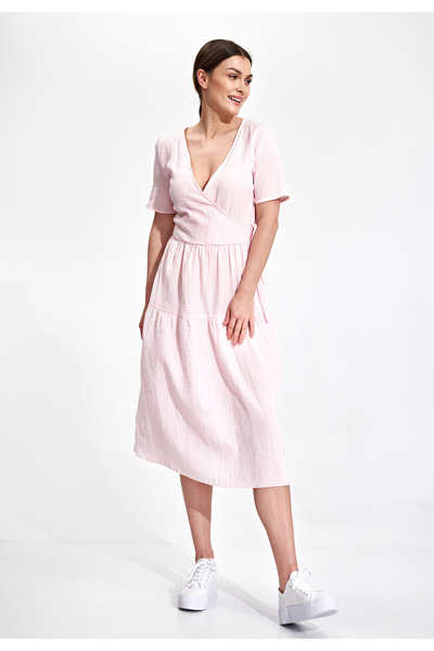 Figl Rochie midi roz din bumbac pentru vară - rochie de muselină M872 mărimea L