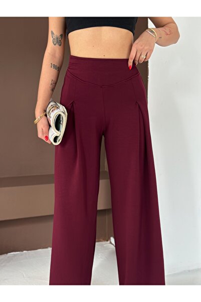 winmoda Soft Textured Front Plied Pants - Modal Fabric Wide Pants with Front Plied