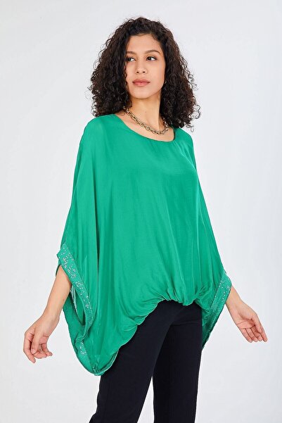 della moor Women's Green Italian Bat Sleeve Sequin Detailed Silk Blouse