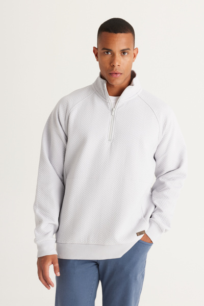 AC&Co / Altınyıldız Classics Light Gray Loose Fit Stand Collar Fleece Lined 3 Thread Patterned Sweatshirt