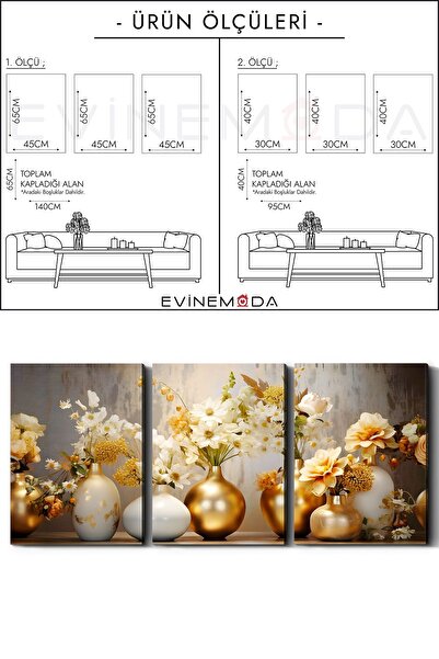 Evinemoda Flowers in Gold Vase 3 Piece Canvas - Canvas Painting