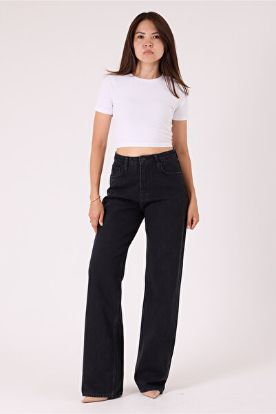 cracpot Kadın Siyah Renk Enzim Yıkamalı Loose Fit Kumaş %100 Koton Denim Jean