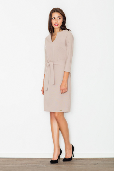 Figl Elegant beige dress with belt and V-neck - M526 size S