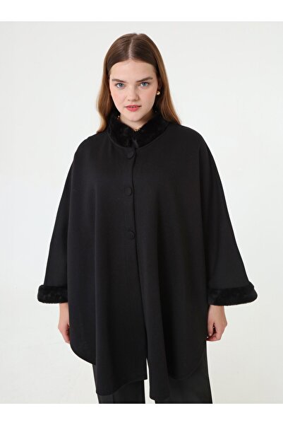 ALİA Cape Poncho with Fur Detail on the Sleeves and Collar - Black -