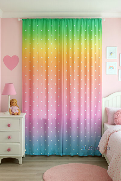 Bebişim Halı Gökkuşağı Puantiyeli Çift Kanatlı Çocuk Odası Perdesi
