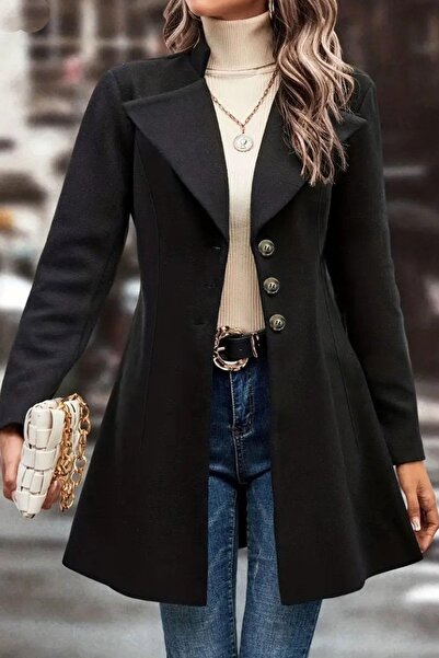 dk denemekabini Palton scurt pentru femei, cu mâneci lungi, cu rever, cu nasturi în față - negru