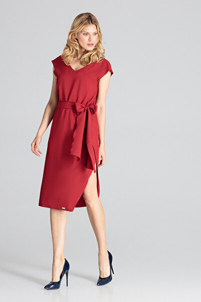 Figl Elegant burgundy dress with bow - M674 size XL