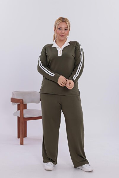 Siyezen Plus Size Gold Button Detailed Striped Suit