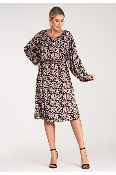 Figl Puffy dress - Kimono dress - Black dress with Printed M1128 S/M