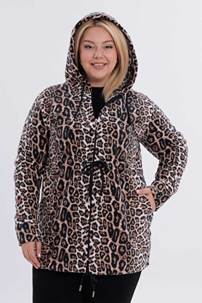 tarzımsüper Women's Plus Size Warm Leopard Fleece Hooded Zippered Sweatshirt