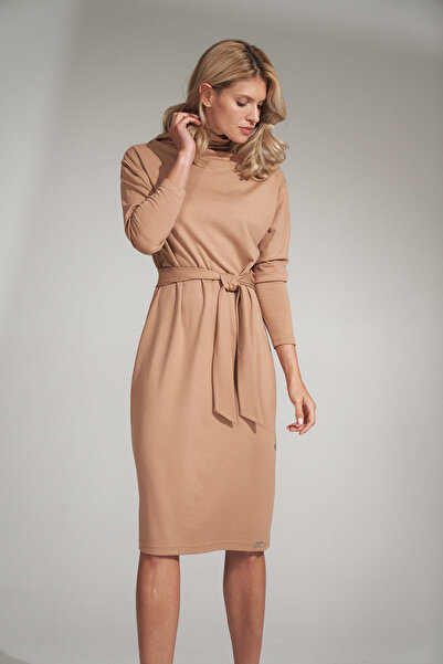 Figl Elegant beige midi dress with knot and long sleeves - M726 green S/M