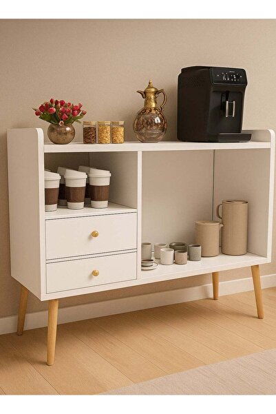 AGD Coffee Corner Coffee Table with Storage and Side Cabinet, 100×35×80 cm, White