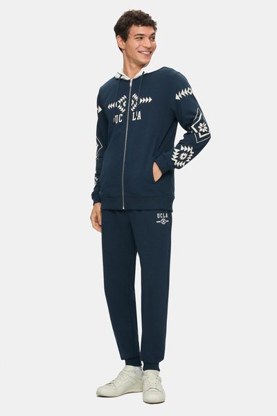 UCLA SPENCER Синій худі з капюшоном, принтом і блискавкою, стандартний крій, чоловічий
