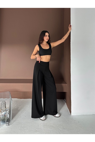 winmoda Soft Textured Front Plied Pants - Modal Fabric Wide Pants with Front Plied