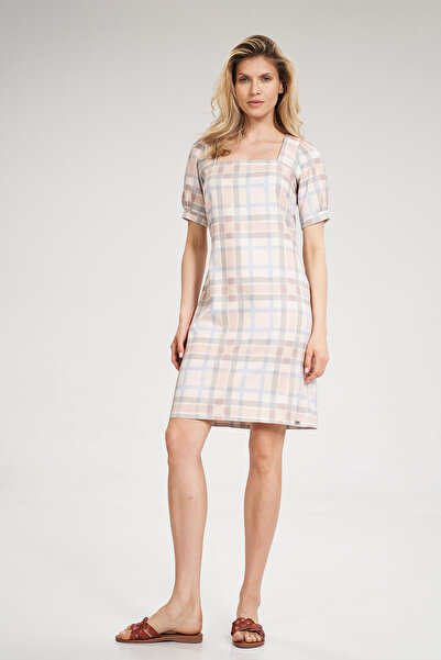 Figl Checkered summer mini dress with square neckline - M704 size L