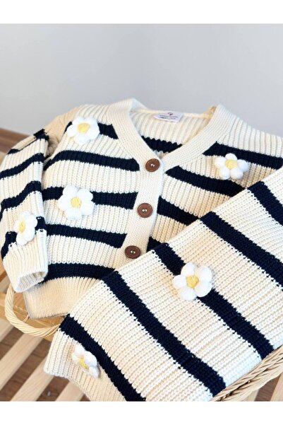 NOBLEKIDS Floral Applique Knitted Girls' Set – Buttoned Cardigan & Flared Skirt