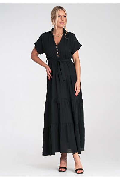 Figl Summer maxi dress - Dress with collar and ruffles - Black M1195 size L/XL
