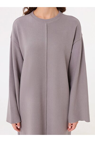 Benin Soft Buttoned Stitching Detailed Hijab Dress - Dark Gray -