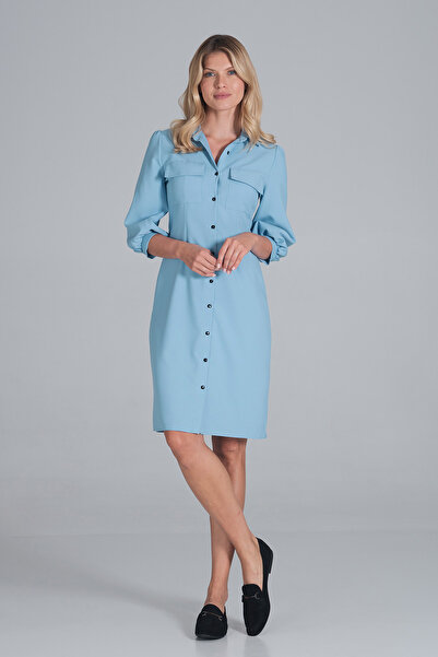 Figl Light blue shirt dress with 3/4 puff sleeves for everyday wear - M849 size L
