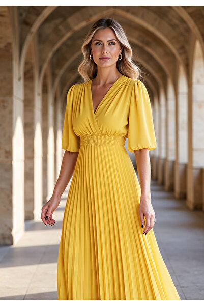 Figl Elegant lilac Printed dress - Pleated midi dress - Yellow dress M1124 L/XL