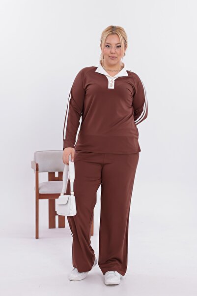 Siyezen Plus Size Gold Button Detailed Striped Suit