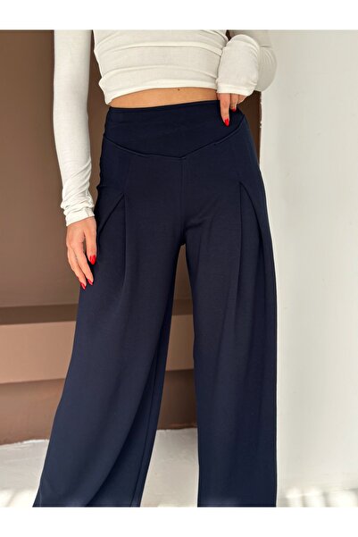 winmoda Soft Textured Front Plied Pants - Modal Fabric Wide Pants with Front Plied