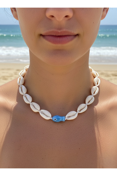 SOFT Doğal Deniz Kabuğu Kolye Balık Figürlü Nazar Boncuklu Choker Bohem Kolye