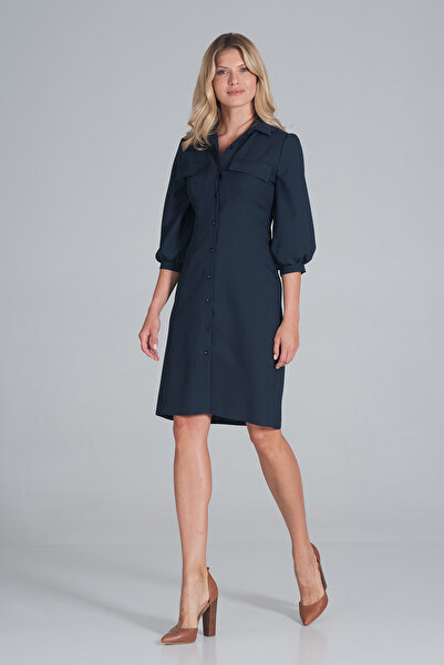 Figl Navy blue shirt dress with 3/4 puff sleeves for everyday wear - M849 size L