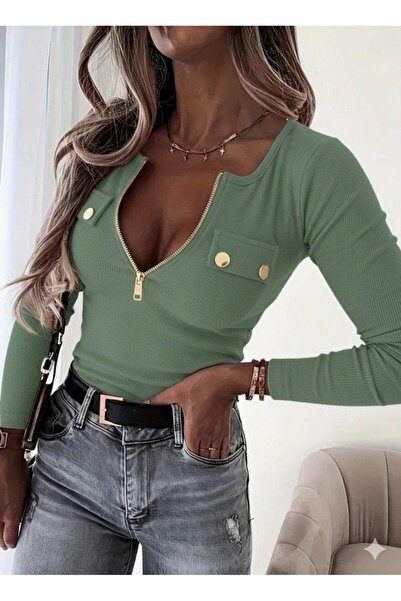 GENCULUS Women's Long Sleeve Front Zipper and Pocket Ribbed Knit Blouse