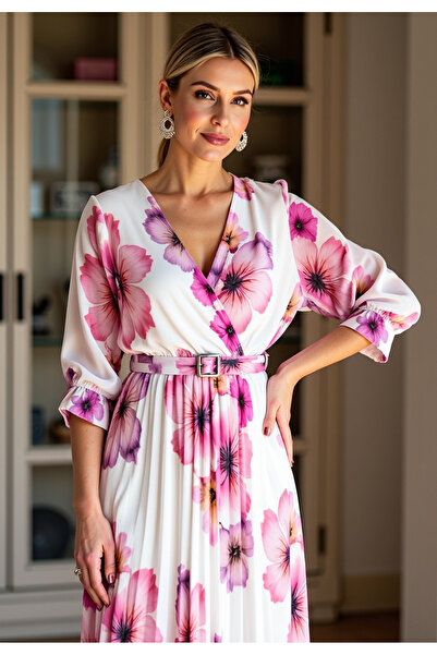 Figl Long pleated dress - Floral dress for a wedding - White dress M1137 size L/XL