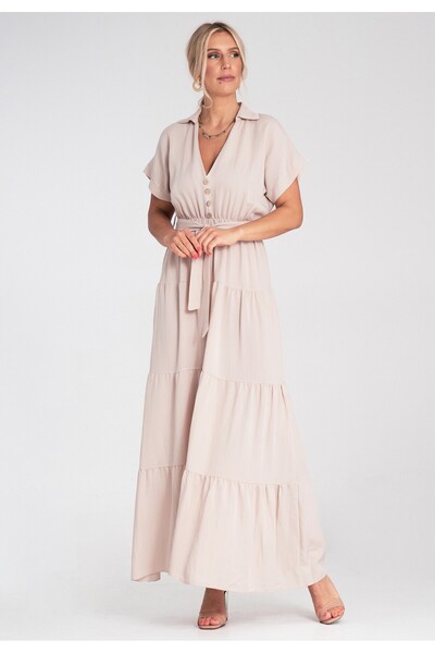 Figl Summer maxi dress - Dress with collar and ruffles - Beige M1195 size S/M