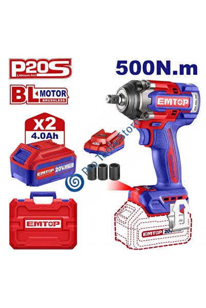 EMTOP Mașină de găurit/șurubelniță cu impact cu 2 baterii de 4,0 Ah, motor fără perii, 500 Nm, chei tubulare de 1/2", 21/22/24 mm