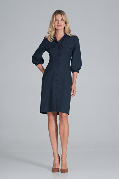 Figl Navy blue shirt dress with 3/4 puff sleeves for everyday wear - M849 size L