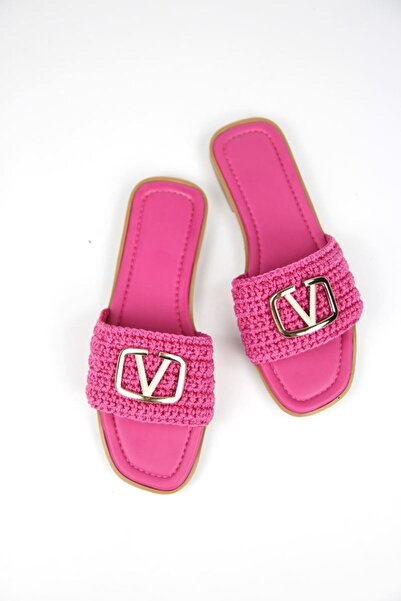 Gökhan Talay Joyce Women's Hand Knitted V Buckle Detailed Fuchsia Slippers