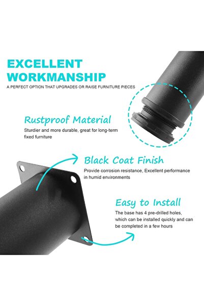 KASTWAVE Metal Furniture Legs 4 Pcs Stainless Steel Adjustable, Black, Round (2" / 50mm)