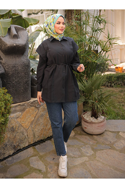 Nergis Neva Butik Tunic with Handles on the Sides and Ribbed Front - Black - Nergis Neva