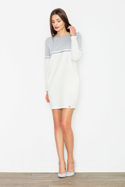 Figl Cotton dress with pockets, white and gray - M510, size XL