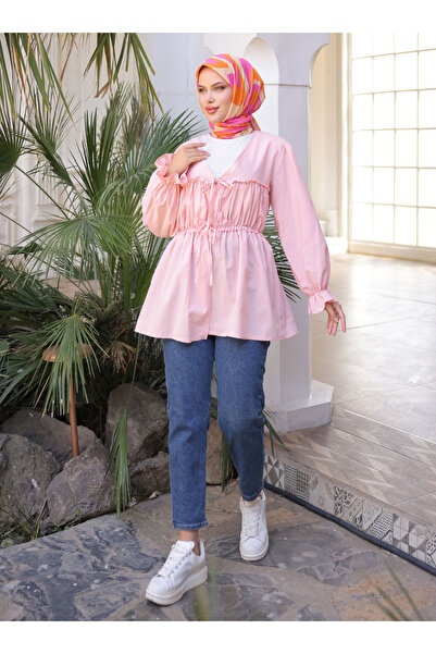 Nergis Neva Butik تونيك كيمونو بحزام مطاطي - بودرة - نيرجيس نيفا